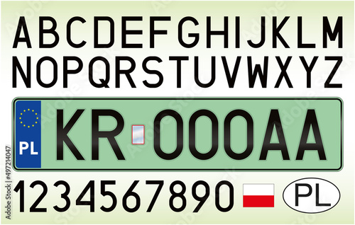 Poland car license plate for electric green cars, letters, numbers and symbols, vector illustration