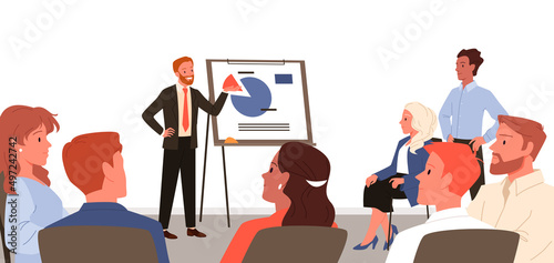 Businessman having presentation with office team. Workers training, company conference room, employees business seminar, group brainstorming meeting cartoon vector illustration