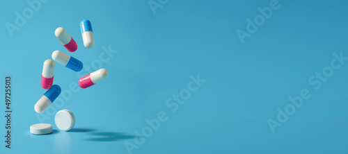 Drug or medicine,medicine pills and antibiotics background Space for text on a blue background