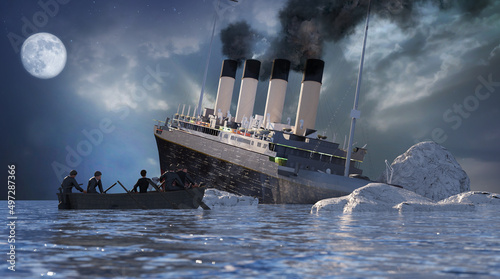 the Titanic ocean liner after it struck an iceberg in 1912 off the coast of Newfoundland in the Atlantic Ocean render 3d