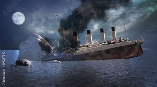 the Titanic ocean liner after it struck an iceberg in 1912 off the coast of Newfoundland in the Atlantic Ocean render 3d