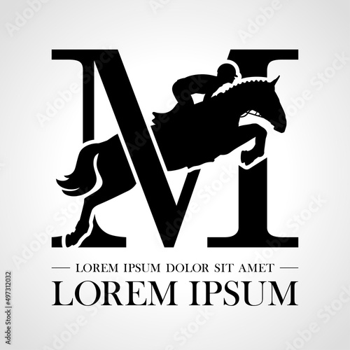 Jumping horse logo. Derbi. Equestrian Events. Show Jumping Competition. Sport. Icons and design elements. Initial letter M. Monogram. Typographic logotype. Vector Illustration