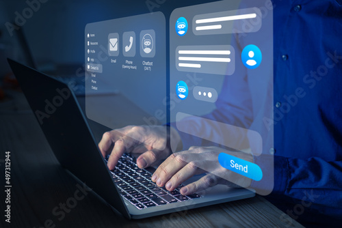 Chatbot conversation. Person using online customer service with chat bot to get support. Artificial intelligence and CRM software automation technology. Virtual assistant on internet.