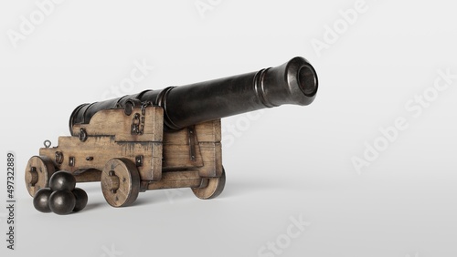An ancient cannon with a black barrel on a light background, cannonballs lie nearby