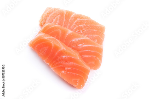 three pieces of raw salmon sushi sashimi isolated on white background