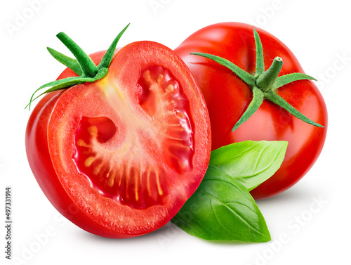 Tomato isolated. Tomato whole, half, on white background. Tomatoes with green basil leaves. Clipping path. Full depth of field.