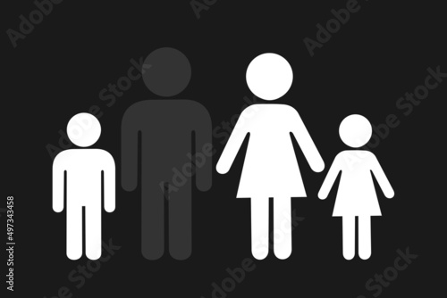 Fatherlessness - Nuclear fatherless family with missing and absent father - single mother or widow with children. Vector illustration isolated on plain background.