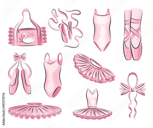 Ballet accessories with pink ballet dress, tutu skirt and pair of pointe-shoes, bow and long satin ribbons. Set of hand drawn ballerina accessories. Vector objects in sketch style