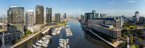 Aerial panoramic view of Melbourne docklands and the Bolte Bridge