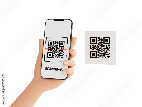 Qr code scan concept - human hand holding mobile phone with barcode scanning process 3d render illustration.