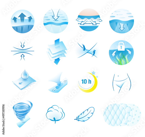 A set of icons for the absorbent material. Perfect for feminine pads, baby diapers, tissues, napkins and etc. EPS10. 
