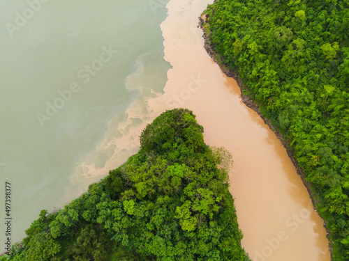 Mekong River Thailand Laos border, view nature river beautiful mountain river with forest tree Aerial view Bird eye view landscape jungles lake flowing wild water after the rain
