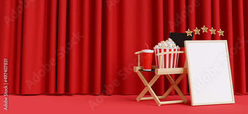 3d render of director's chair with cinema decoration on red curtain.