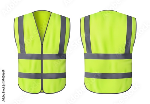 Safety vest jacket, isolated security, traffic and worker uniform wear. Vector fluorescent green waistcoat realistic 3d mockup with reflective stripes and zip, personal protective clothing