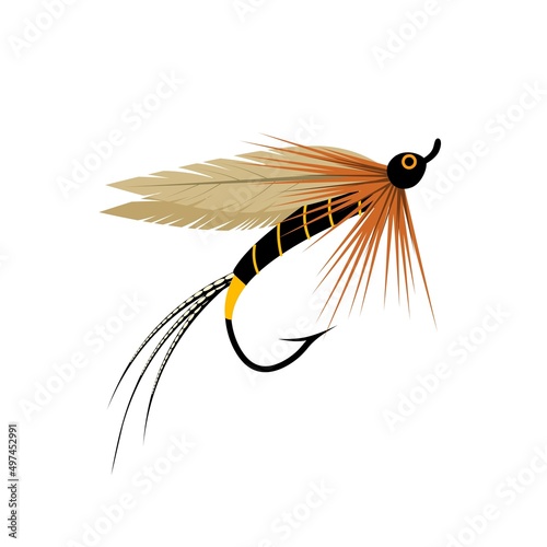 Flying fishing lure, resembling a mayfly, isolated on a white background, vector illustration.