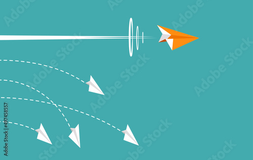 Orange paper plane leader fly supersonic speed on the blue sky. Vector illustration flat design for poster, banner, presentation, and background.