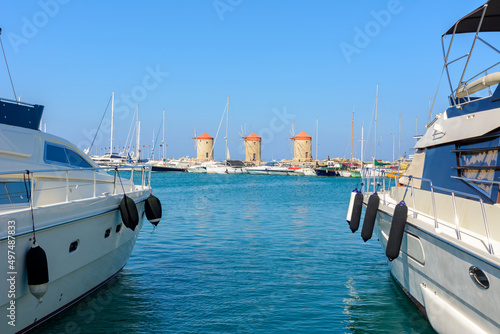 Windmills in Mandraki harbor, Rhodes island, Greece