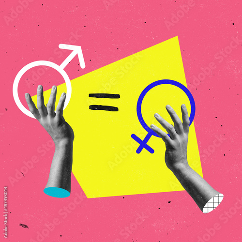 Contemporary art collage. Hands holding male and female gender sign symbolizing equality