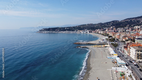 High angle shot of the cityscape and sea on the left in Varazze, Italy