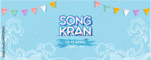 Songkran Festival design on blue background. Thai New Year's day-Horizontal banner design,greeting card, headers for website.