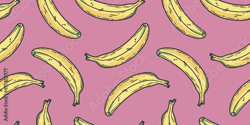 Bananas fruit summer exotic pink and yellow wallpaper design. Seamless pattern