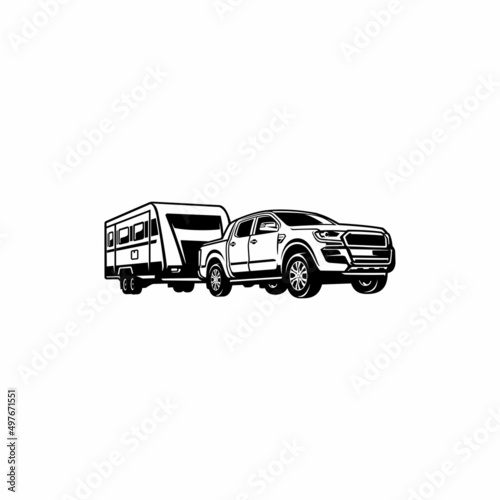 silhouette of truck with caravan trailer illustration vector