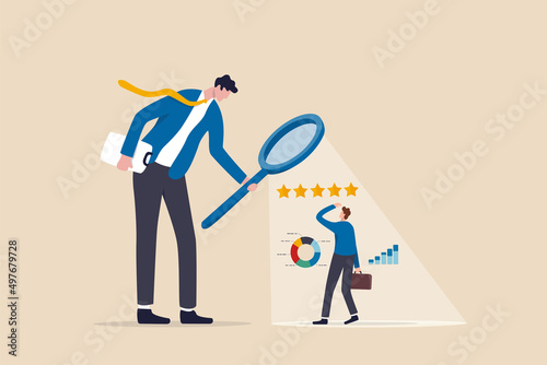 Employee performance evaluation, appraisal or annual review for goals achievement, assessment for rating or feedback concept, businessman manager use magnifier to analyze employee with 5 stars rating.