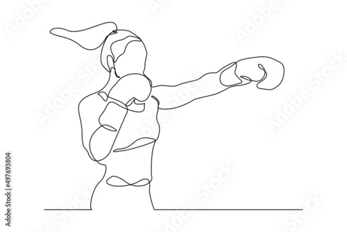 Continuous single line drawing of sporty boxer woman punching use gloves vector illustration