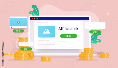 Affiliate marketing money - Computer screen with affiliate link and cash income. Vector illustration