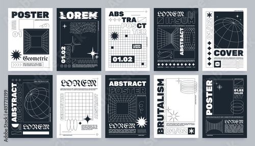 Trendy brutalism style posters with geometric shapes and abstract forms. Modern minimalist monochrome print with simple figures and swiss graphic elements, vector poster template set