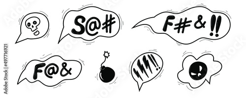Swear curses word. Doodle hand drawn speech bubble swear words symbols. Comic speech bubble with curses, skull, lightning, bomb. Angry screaming emoji. Vector illustration isolated on white.