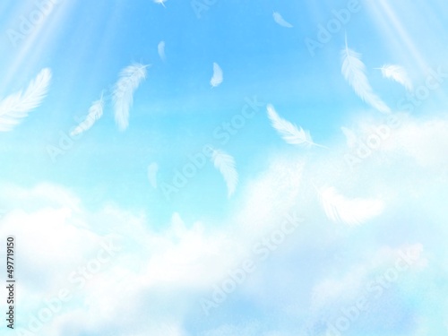 空に舞う天使の羽 天国のイメージ背景素材