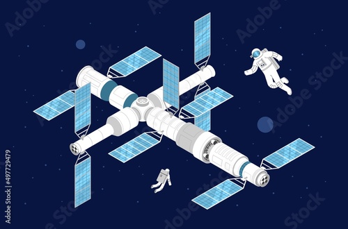 Space station isometric illustration in space near planets and stars