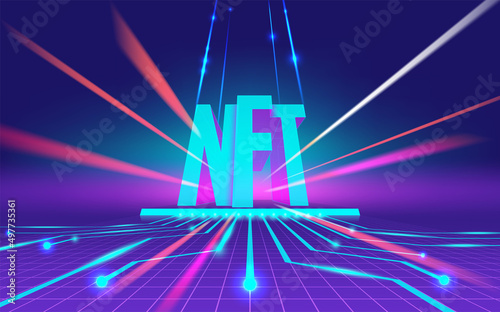 Vector illustration with NFT typography, rays on blue background. Concept of non-fungible tokens, digital items for crypto art, gaming, collectible and blockchain technology for infographics, banner.