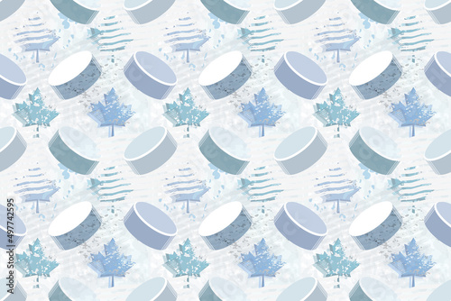 Horizontal texture from a seamless hockey pattern with pucks and maple leaves in light blue shades. Vector sports illustration.