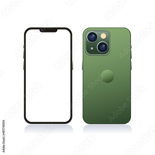 Apple iPhone 13 front and back in green color mockup template illustration vector