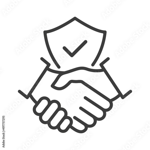 Handshake and shield line icon. International agreement concept with check mark. World partnership linear symbol. Vector isolated on white.