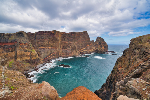 Ponta de Sao Lourenco, Madeira,Portugal. Beautiful scenic mountain view of green landscape,cliffs and Atlantic Ocean.