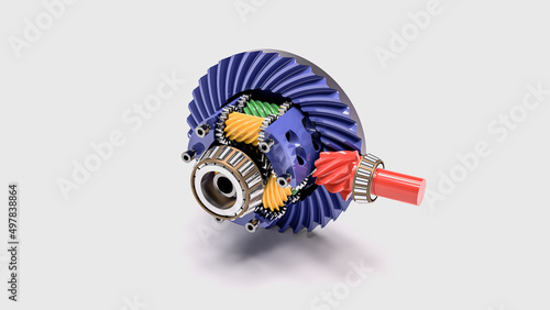 High quality 3d rendering of automotive component detailed coloured, torsen differential closeup isolated