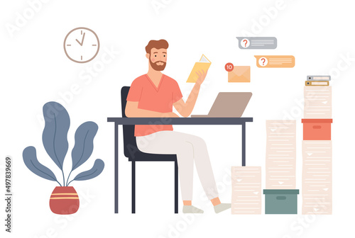 Procrastination concept. Male employee sitting at workplace and reading book. Unproductive worker postpone paperwork