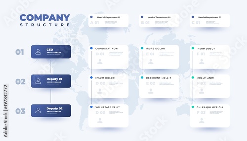 Business organization table. Company structure infographic template with corporate hierarchy elements. Vector illustration