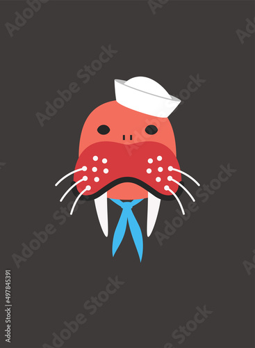 Portrait of walrus, wearing something, like seaman sailor, cool style