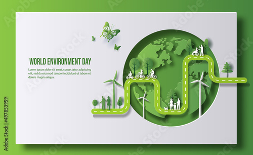 World Environment Day, many people doing activities, save the planet and energy concept, paper illustration, and 3d paper.