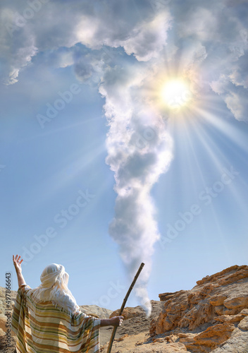 A pillar of cloud leads Moses across the desert