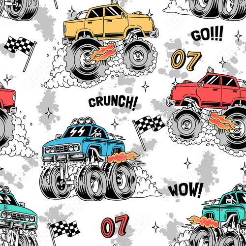 Monster trucks vector seamless pattern. For apparel prints and other uses.