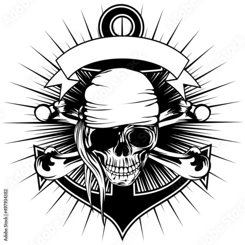 Vector illustration pirate sign skull with bandana with crossed bones and anchor