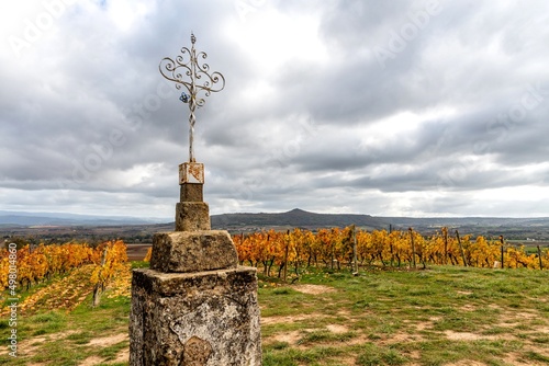 Croix de pierre et de métal entourée de vignes au milieu du vignoble de boudes sur le chemin de randonnée de la vallée des saints dans le puy de dôme