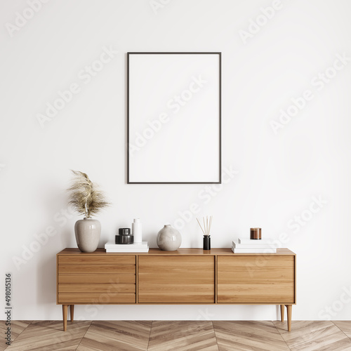 Stylish art space interior with cabinet and decoration, mockup frame