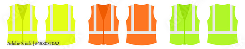 Road vest with reflective stripes. Set of safety vest : green, orange and yellow color. Mockup worker uniform.