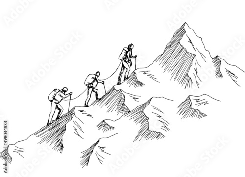 Climbers climb the mountain graphic black white landscape sketch illustration vector 